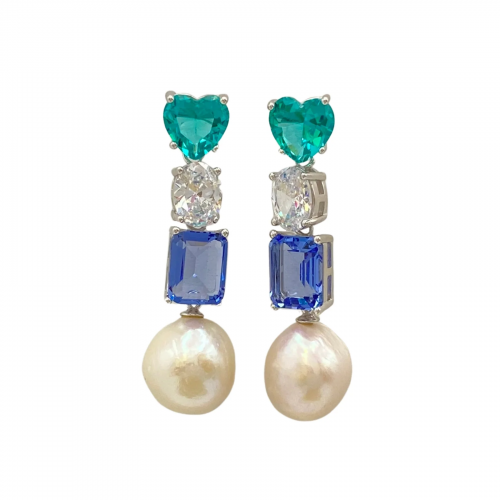 Orecchini pendenti argento con perla naturale e zirconi di varie forme e colori